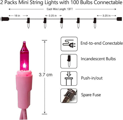 Vigdur 2 Pack 13ft 50 Count Outdoor String Lights on Pink Wire Cord, UL Approved for Indoor/Outdoors Use, Connectable 120V Clear Outdoor Lights for Xmas Patio Home Party Garden Decor(Pink)
