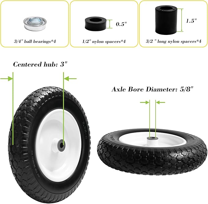 Parts Camp Wheelbarrow Tires,3.50-8" Flat-free Solid Tire and Wheel,Universal Fit 14.5" Wheelbarrow Tire For Garden Carts/Wheelbarrows/Trolley Dolly With 5/8" Axle Bore Hole,3" Centered Hub(2 Pack)