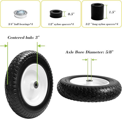 Parts Camp Wheelbarrow Tires,3.50-8" Flat-free Solid Tire and Wheel,Universal Fit 14.5" Wheelbarrow Tire For Garden Carts/Wheelbarrows/Trolley Dolly With 5/8" Axle Bore Hole,3" Centered Hub(2 Pack)