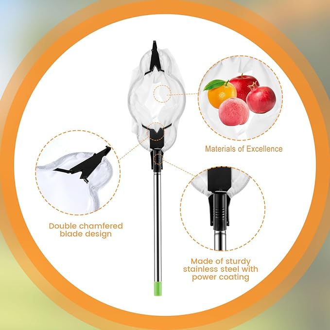 Fruit Picker Pole 6.5 FT Adjustable Pole with Soft Bag Fruit Catcher Equipment Tree Picker with Fruit Storage Bag for Apples Mango Pear Orange Avocados Fruit Picking(2m/6.56ft)