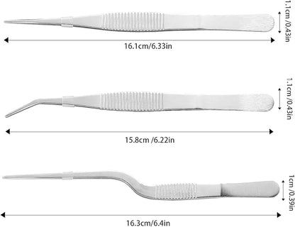 Stainless Steel Tweezers Set for Small Gardening and Kitchen, Multi-Purpose Tools Silver Tweezers (3Pcs, 6.22Inches / 6.33Inches / 6.4Inches)