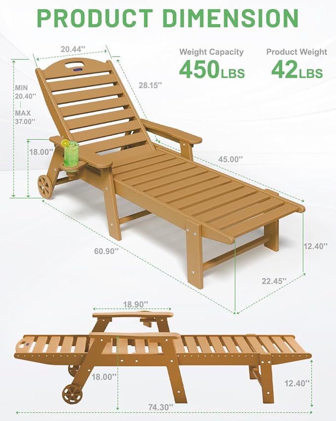 Lounge Chair Outdoor Set of 4 with Wheels, Adjustable 6-Position Chaise Lounge Outdoor, Patio Lounge Chair for Poolside Backyard, Teak