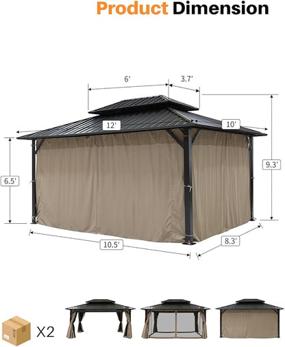 10' x 12' Hardtop Gazebo, Aluminum Frame Outdoor Patio Gazebo with Netting and Curtains, Outdoor Hardtop Gazebos, Patio Pergolas with Double Metal Roofs for Backyard, Patio, Deck, Sandstone