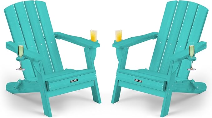 Folding Adirondack Chair Wood Texture 2 Pack, HDPE All-Weather Fire Pit Chairs, Plastic Adirondack Chairs with 2 Cup Holder, Outdoor Lawn Chair for Patio Garden (Lake Blue)
