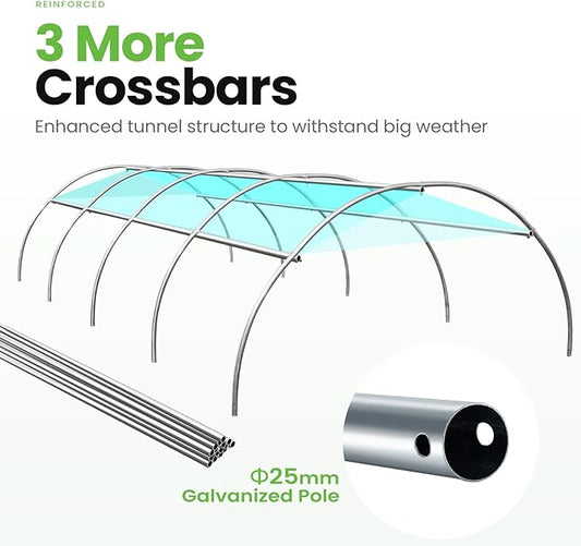 KING BIRD Premium 15x6.6x6.6FT Greenhouse for Outdoors, Large Walk-in Heavy Duty Galvanized Frame, Screen Mesh Door Window Reinforced Zipper Tunnel Hoop for Garden Plant Winter, Green