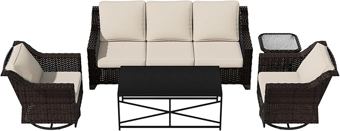 Vista Vibe 5 Pieces Outdoor Rattan Patio Conversation Furniture Set - 78" 3-Seat Sofa | 2 Swivel Glider Rocker Chairs | Wicker End Table | Metal Table, Upholstered Loveseat, Deck (Brown/Beige)