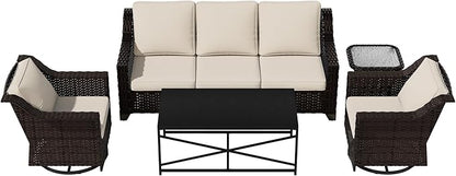 Vista Vibe 5 Pieces Outdoor Rattan Patio Conversation Furniture Set - 78" 3-Seat Sofa | 2 Swivel Glider Rocker Chairs | Wicker End Table | Metal Table, Upholstered Loveseat, Deck (Brown/Beige)