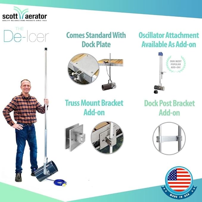 Scott Aerator DeIcer for Lakes & Ponds | 3/4 Horse Power 115V Stainless Steel | 25 ft. Electric Corded Cable Included with Dock Mount Assembly | Made in USA