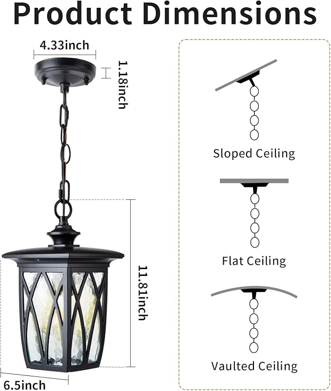 JYZ 2 Pack Outdoor Pendant Light Fixture, 12'' Exterior Hanging Lantern, Modern Black Metal Outside Chandelier Light Fixture Ceiling Mount with Water Ripple Glass & Adjustable Chain for Porch, Gazebo