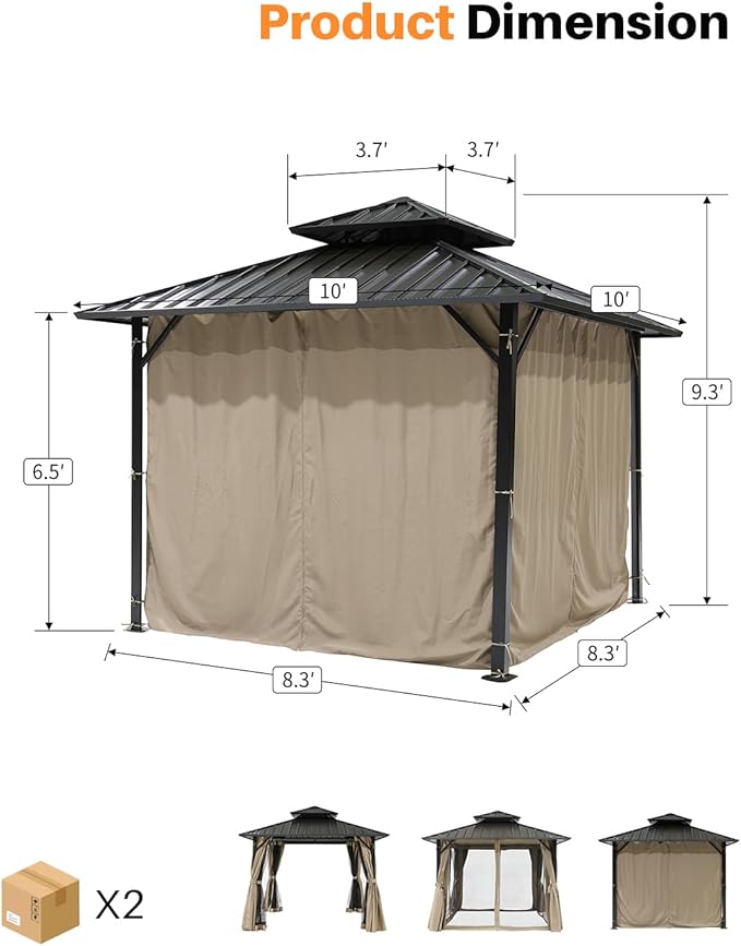 10' x 10' Hardtop Gazebo, Aluminum Frame Outdoor Patio Gazebos with Netting and Curtains, Outdoor Gazebo Canopy, Patio Pergola with Double Steel Roofs for Backyard, Patio, Deck, Sandstone