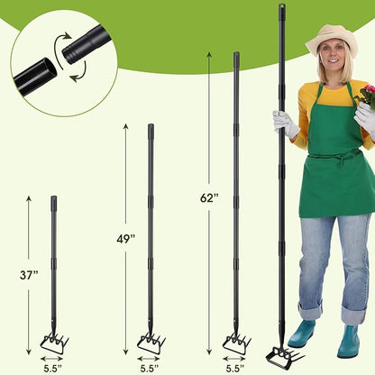 Weed Puller Gardening Tools, Hula Garden Hoe and 4 Tines Rake 2-in-1 Garden Tools for Weeding, Action Stirrup Hoe with 37"-62" Adjustable Long Handle for Lawn,Vegetable Garden Loose Soil and Weeding