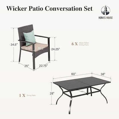 HERA'S HOUSE 7 Pieces Patio Dining Set for 6, Outdoor Rattan Chairs and Black Metal Table with 1.57" Umbrella Hole, Patio Dining Set for Deck Backyard Garden