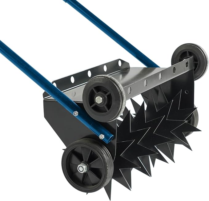 VINGLI Lawn Aerator, 19-Inch Heavy Duty Push Spike Aerator with 4 Wheels, Easy-to-Assemble, 45'' Push Rolling Aerator for Lawm, Yard and Garden(Blue)