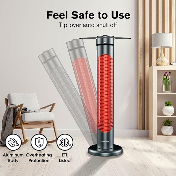 ThermoMate Electric Patio Heater, 1500W IP65 Outdoor/Indoor Infrared Heater with Remote, 8 Heating Levels 8-Hour Timer & Oscillation, Tip-over Protection for Garage Backyard Restaurant