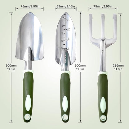 3 PCS Heavy Duty Aluminum Gardening Tool Set for Men & Women Including Hand Shovel, Hand Rake & Transplanter Trowel with Soft Rubberized Non-Slip Ergonomic Handle