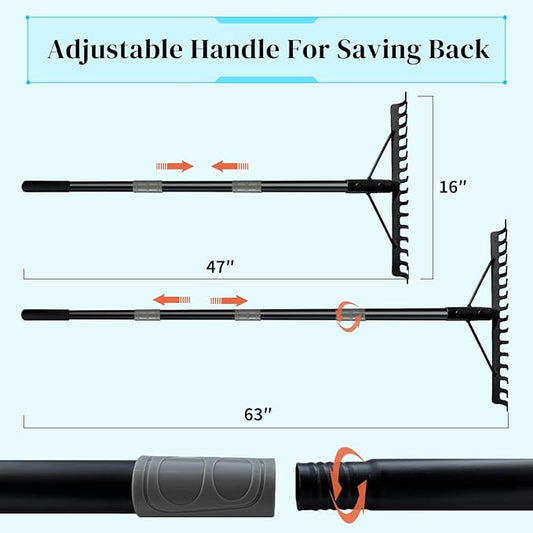 Heavy Duty Bow Rake with Stainless Steel Handle for Farming Land Management Leaf Gathering Durable Ergonomic Garden Tool with 16 Tine Head 63 Inch Assemble Long Shaft Suitable for Large Areas