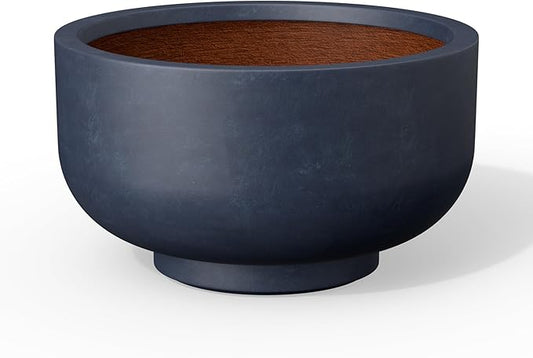 Kante 13.8 Inch Dia Concrete Bowl Planter, Large Tapered Bottom Plant Pot with Drainage, Smooth Charcoal Finish with Warm Brown Interior, Ideal for Porch, Home, Garden, Patio