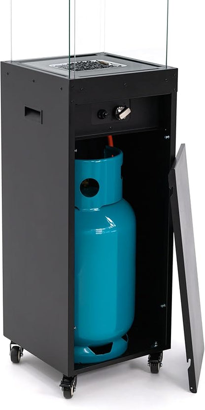 Planika Faro Propane Patio Heater 59" 32,000 BTU Modern Freestanding Glass Tower with Wheels, Smokeless 360° Flame, Cover & Regulator Included for Commercial & Residencial Outdoor Spaces