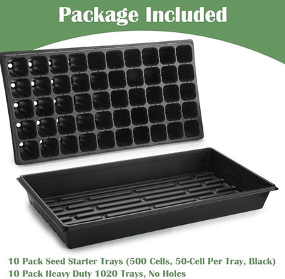 10 Pack 1020 Trays with 10 Pack 3.54" Deep 50 Cell Seed Starter Trays - Seed Starting Kit for Gardening, Durable Plastic Nursery Trays for Seed Germination & Plant Propagation (10 Set)