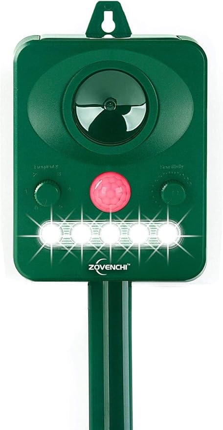 Ultrasonic Animal Deterrent with Flashing Strobe Light, Solar Powered Outdoor Repeller for Raccoons, Cats, Deer, Squirrels, Motion-Activated, Humanely Protects Garden & Lawn.