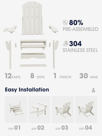 KINGYES Adjustable Folding Adirondack Chair with Footrest & 4-in-1 Multi-Functional Armrest Organizer, HDPE Foldable Reclining Adirondack Chair with Pull-Out Ottoman, White