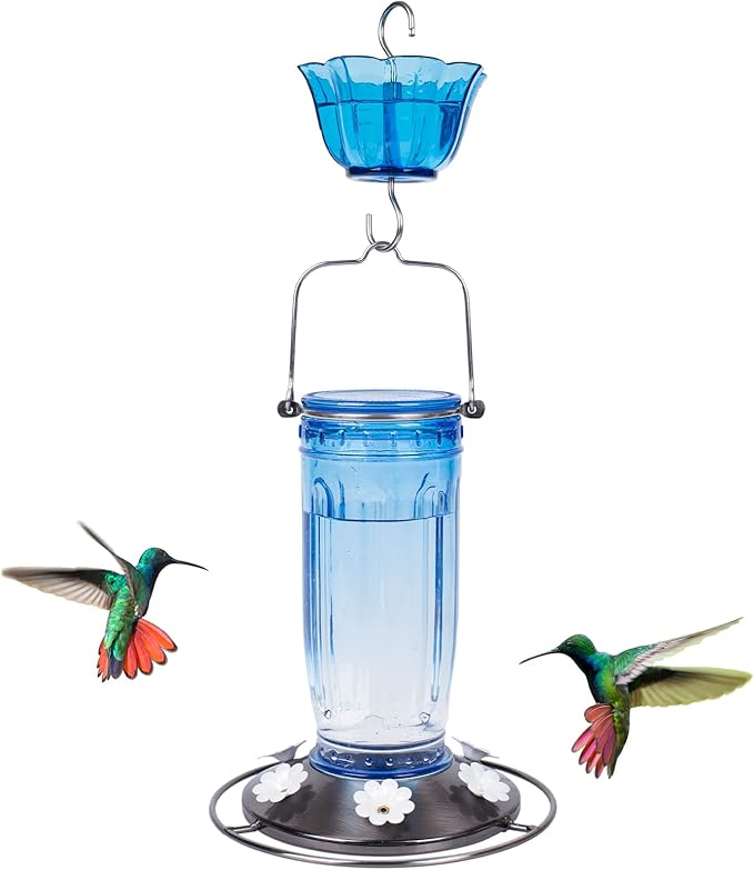 Kingsyard Glass Hummingbird Feeder for Outdoors Wild Bird Feeder with 6 Feeding Ports Hanging for Garden Yard, Blue (Ant Moat Included)