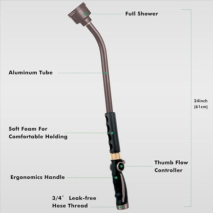 RESTMO Long Watering Wand, 24 Inches Gentle Soft Full Shower Sprayer Wand with Thumb Flow Control, Heavy Duty Metal Hose Wand for Hanging Baskets, Shrubs, Plants, Flowers, Garden and Lawn, Bronze