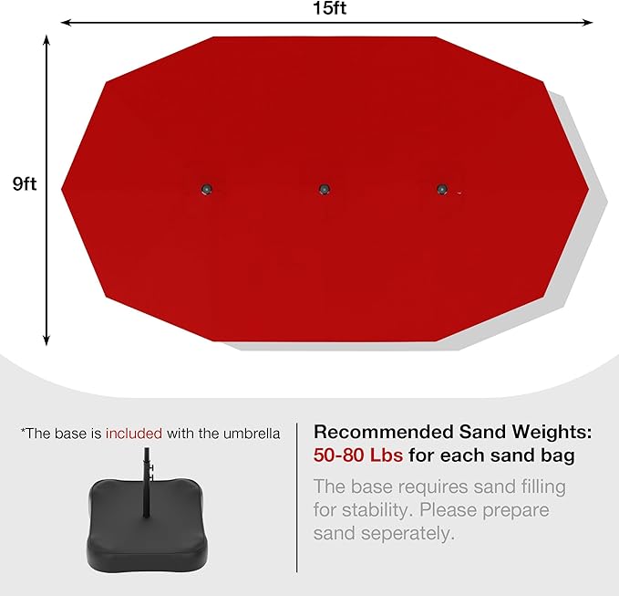 Joyside 15FT Large Patio Umbrella with Base Included, Outdoor Double Sided Umbrella, Rectangle Umbrella with Crank Handle, 12 Sturdy Ribs for Deck, Porch and Pool