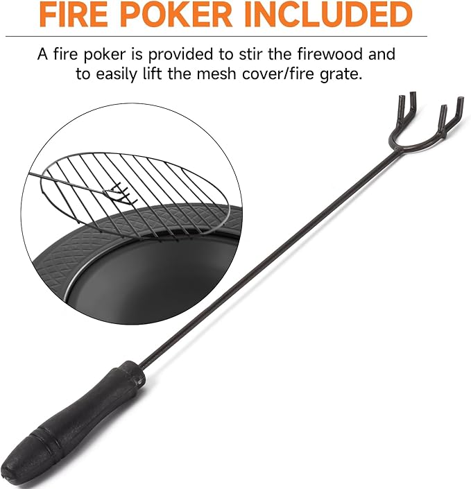 32-Inch Round Fire Pit Table, Metal Wood Burning Fireplace/Firepit with Fire Grate, Spark Screen Lid, Steel Bowl, Poker
