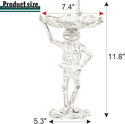 Sungmor Cast Iron Frog Bird Feeder, Garden Frog Statue Holding Leaf Outdoor Small Bird Bath Bowl, Indoor Candy Dish, Patio Tabletop Decoration