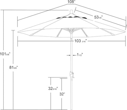 California Umbrella GSPT908302-5404 9' Round Aluminum Market, Crank Lift, Push Button Tilt, Black Pole, Sunbrella Natural