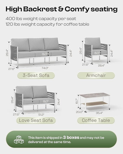 Aluminum Outdoor Patio Furniture Set, HDPE Rope 4 Piece Modern Sectional Conversation Sets with Dual-Layer Coffee Table, All Weather Patio Couch Sofa with Thick Cushions, Silver Frame, Silver