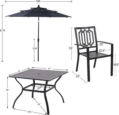PHI VILLA Patio Dining Set 5 pcs with Umbrella(Navy Blue),1 Square Metal Table& 4 Metal Outdoor Stackable Chairs and 1 10ft 3 Tier Auto-tilt Umbrella (Base Not Included)