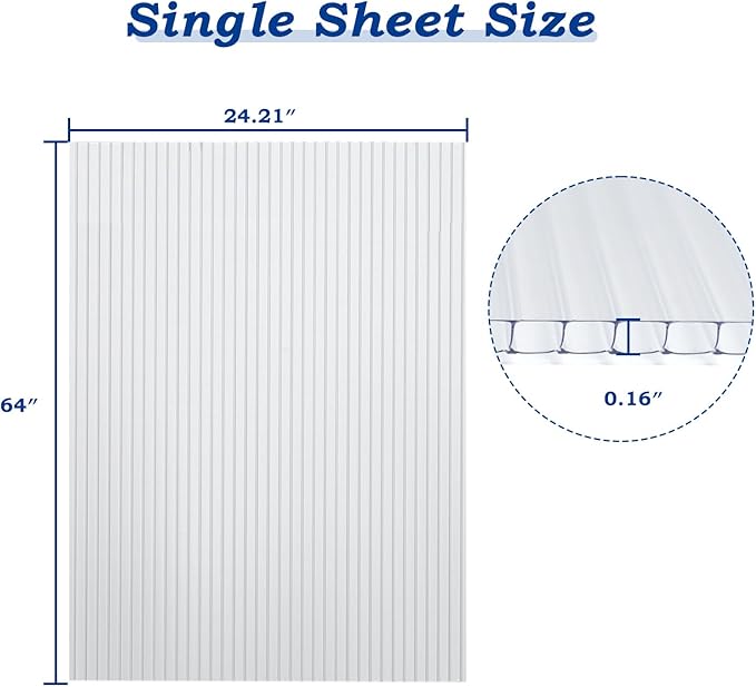 BPS 6Pcs 24'' (W) x 64'' (L) x 0.16'' Polycarbonate Panels, Waterproof UV Protected Reinforced Sheets, Outdoor Greenhouse and Gazebo Covering, Twin-Wall Clear Sheets