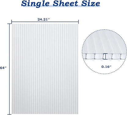 BPS 6Pcs 24'' (W) x 64'' (L) x 0.16'' Polycarbonate Panels, Waterproof UV Protected Reinforced Sheets, Outdoor Greenhouse and Gazebo Covering, Twin-Wall Clear Sheets