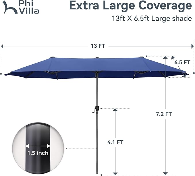 PHI VILLA 13ft Large Patio Umbrellas, Double-Sided Outdoor Market Rectangle Umbrella for Outside, Haze Blue