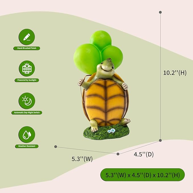 WHIMSYNOOK 10.2" Resin Turtle with Balloon Solar LED Garden Statue Light, Ideal for Porch, Lawn, Yard, Housewarming, or Birthday Gifts for Mom, Family, and Turtie Lovers