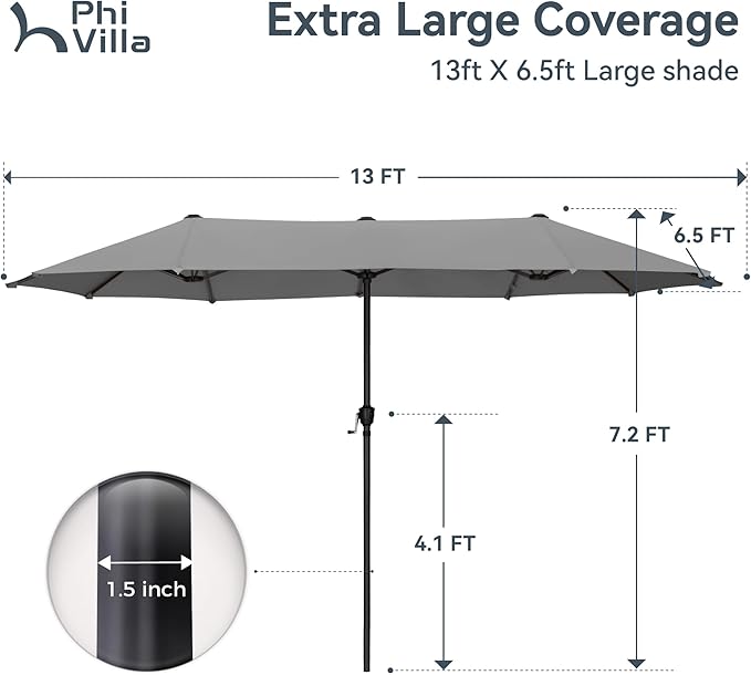 PHI VILLA 13ft Large Patio Umbrellas, Double-Sided Outdoor Market Rectangle Umbrella for Outside, Light Gray