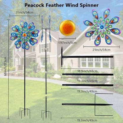 Peacock Wind Spinner, 21" Dia Large Kinetic Wind Sculptures & Spinners Outdoor, 68 Inch Tall Metal Windmill for Garden Yard Decor