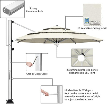 EliteShade USA APOLLO 3-Tier 11FT Full Aluminum Cantilever Patio Umbrella for Outdoor restaurant Garden Courtyard Deck Pool and Marketing with Light (No battery),Natural