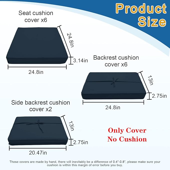 14 PCs Patio Cushion Covers for 7 PCs Outdoor Furniture Sectional Seating Sets Water Resistant Plus 2 Throw Pillows (Blue, 24.8(L)*24.8(W)*3.14(T) inches)