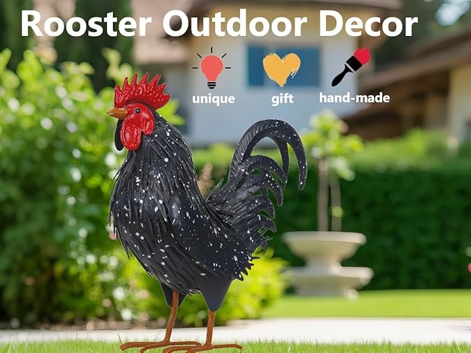 Rooster Garden Statue Sculpture Metal Chicken Yard Decor Outdoor Figurines Patio Backyard Decoration (Black)