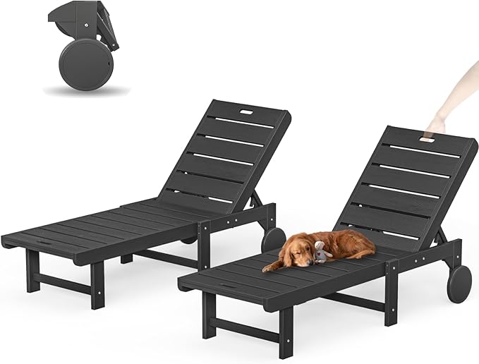 Outdoor Chaise Lounge Chairs Set of 2, 2-Piece, 26.8” Super Wide Lounge Chair Outdoor, HDPS Pool Chairs with 5 Positions, Patio Lounge Chair with Wheels for Pool,Lawn,Backyard, Black