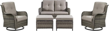 Rilyson 5 Piece Outdoor Patio Furniture Set - Rattan Wicker Patio Conversation Sets with 2 Swivel Rocker Chairs,2 Ottomans and 1 Loveseat for Outside Porch Deck Backyard(Mixed Grey/Grey)