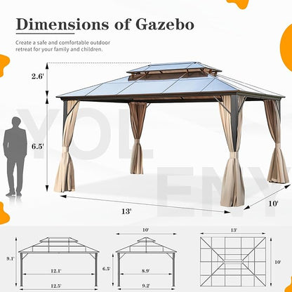 YOLENY 10'x13' Hardtop Gazebo, Outdoor Polycarbonate Double Roof Canopy, Aluminum Frame Permanent Pavilion with Curtains and Netting, Sunshade for Garden, Patio, Lawns