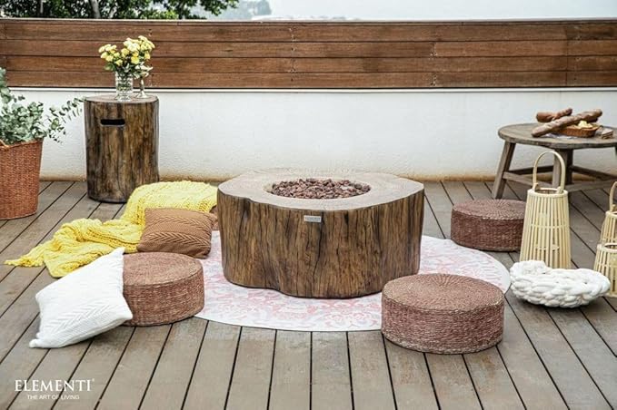 Elementi | Bundle Manchester Gas Fire Pit Cast Concrete Semi-Round Fire Table, Outdoor Fire Pit Electronic Ignition | Canvas Cover, Lava Rock Included | Red Wood | Natural Gas