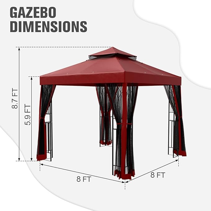 COOS BAY 8x8 Outdoor Patio Gazebo with Netting and Corner Shelves, Two-Tier Soft Top Canopy for Backyard, Lawn, Deck and Garden, Red
