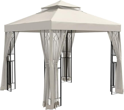 EAGLE PEAK 8x8 Patio Gazebo with Mesh Netting, Double Roof Outdoor Pavilion with Corner Shelves for Lawn, Deck, Garden and Backyard, Beige