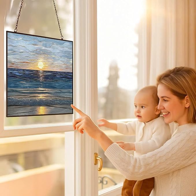 Rectangle Sun Set Beach Stained Glass Window Hanging Sun Catchers Indoor Window Decor, Stained Glass Suncatcher Gifts for Women, Christmas