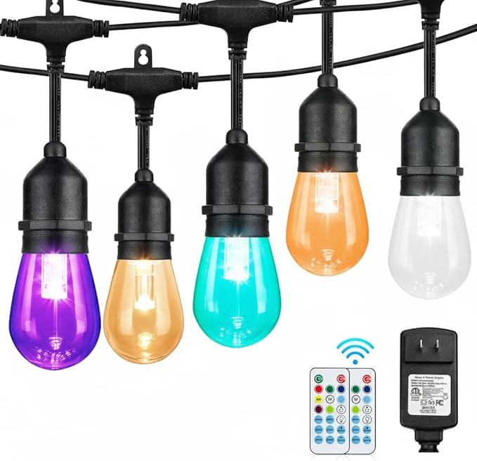 Auroraworld 24FT RGB Outdoor String Lights, Dimmable Color Changing Waterproof LED Patio Lights with Remote, 12 Shatterproof Bulbs for Backyard Garden Party Decor